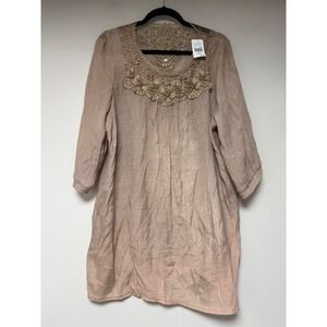 MAD Style Beige Linen Blend Lace‎ Embellished Tunic Top XL